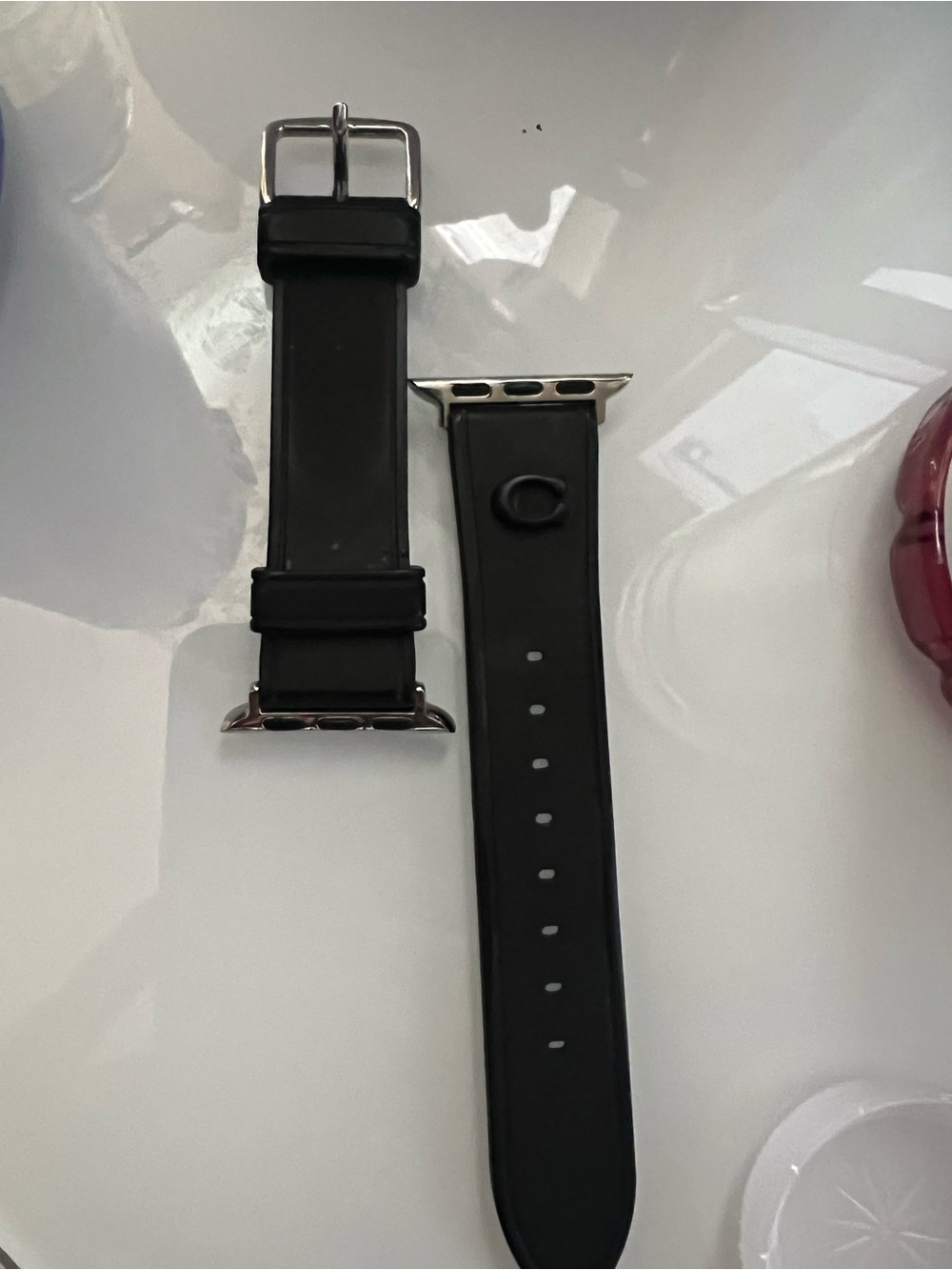 Coach Black Silicone Apple Watch Band with Silver Adapters